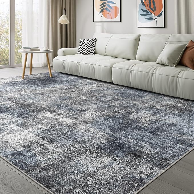 Abstract 8x10 Area Rug: Machine Washable Non Slip Ultra Thin Low-Pile Carpet, Soft Stain Resistant for Living Dining Room Bedroom, Kid Pet Friendly, Robot Vacuum Compatible - Dark Grey/Blue