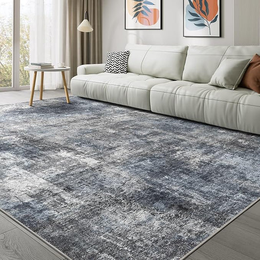 Abstract 10x12 Area Rug: Machine Washable Non Slip Ultra Thin Low-Pile Carpet, Soft Stain Resistant for Living Dining Room Bedroom, Kid Pet Friendly, Robot Vacuum Compatible - Dark Grey/Blue