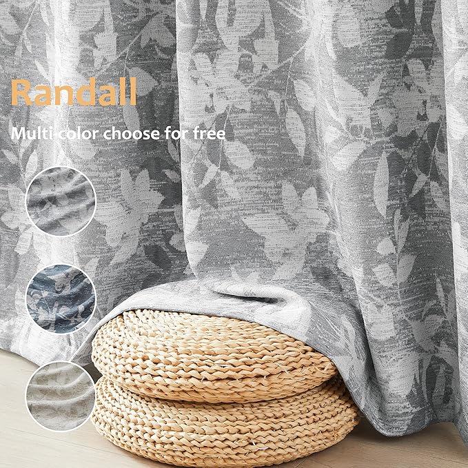 Randll Pinch Pleat90% Blackout Curtain Floral Jacquard Thermal Insulated Drape for Living Room Bedroom 63 Inch Long Gray Leaf Printed Botanical Pattern Back Tab Window Treatment Set,40"x63",2 Panels