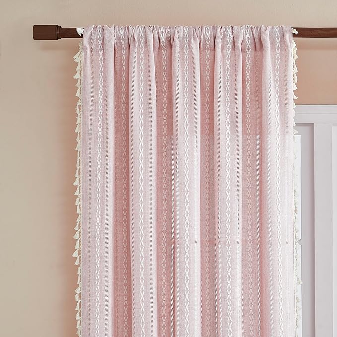 Linen Boho Pink Embroidered Curtains for Girls Bedroom & Nursery - 84" Long, 2 Panels, Light Filtering Farmhouse Drapes (52" W x 84" L)