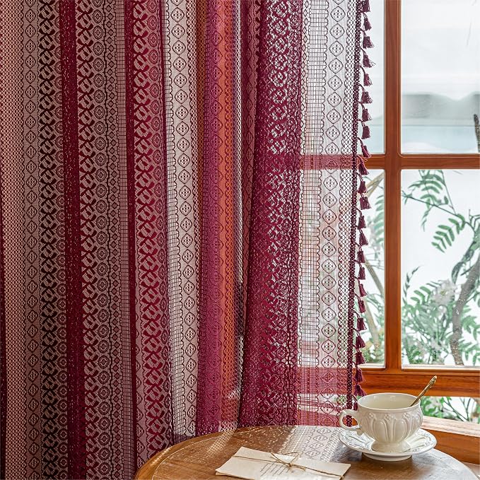 Sutuo Home Burgundy Boho Lace Curtains 96 inches long for Living Room Laundry Room, Semi Sheer Curtains Farmhouse Privacy Crochet Vintage Chic Tassels Rustic Rod Pocket Christmas Decor, 2 Panels 50" W