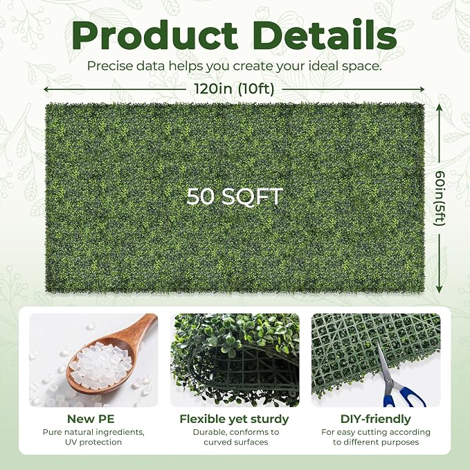 Artificial 60x120 in (50 Sqft) Boxwood Grass Wall Backdrop Roll | UV-Anti Greenery Faux Ivy Hedge Leaf Panels, Privacy Screen, Indoor/Outdoor Green Wall Decor, Patio/Garden Fence Covering