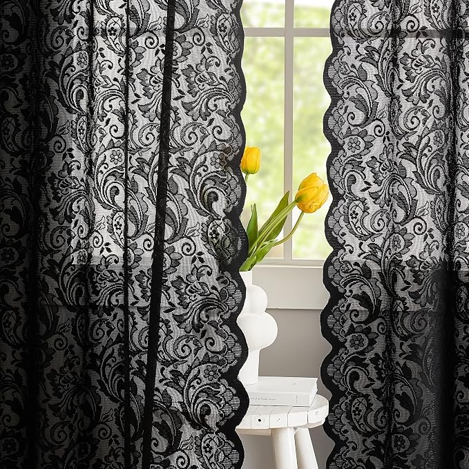 Black Floral Curtains 108 Inches Long 2 Panels Set Elegant Boho Lace Semi Sheer Curtain Drapes for Living Room Sliding Glass Door 9ft Tall Farmhouse/ Gothic/Skull /Halloween Decor, 52W x 108L Inch