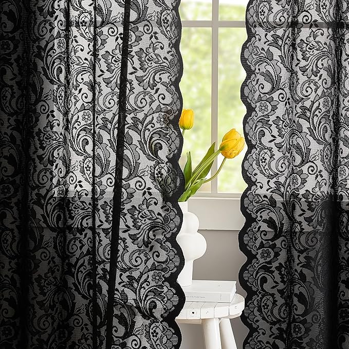 ALIGOGO Black Sheer Curtains 80 Inch Length 2 Panels - Luxury Floral Lace Curtains for Home Office Doorway, Dark Academia Rod Pocket Gothic Scalloped Edges Halloween Party Decor, 52W x 80L Inch