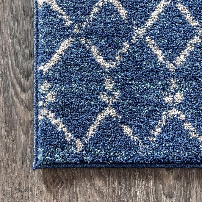 JONATHAN Y Boho Vintage Diamond Blue/White Square Area Rug 5X5 ft, Moroccan Hype for Living Room, Bedroom, Kitchen, Office, Easy-Cleaning, High Traffic, Pet-Friendly, Non-Shedding (MOH101A-5SQ)
