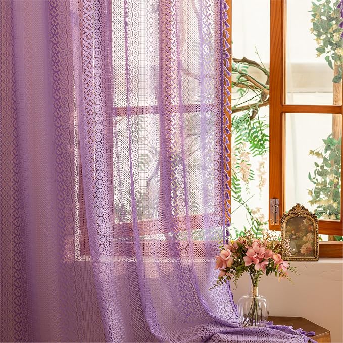 Sutuo Home Lavendar Boho Lace Curtains 72 inch Lengh for Nursery Bedroom, Purple Sheer Curtains Privacy Crochet Vintage Chic Tassels Bohemian Window Treatments Geometry Rod Pocket, 2 Panels 50" W