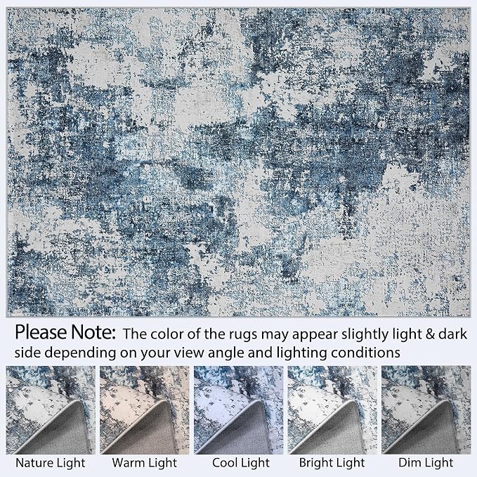 10x14 Area Rugs Living Room Rugs: Large Washable Rug with Anti-Slip Backing Non-Shedding Stain-Resistant Soft Abstract Carpet for Bedroom Dining Room Nursery Home Office- Blue
