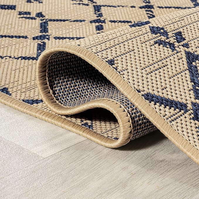 JONATHAN Y Moroccan Geometric Indoor Outdoor Square Area Rug 9X9 Beige/Navy, Ourika Textured Weave for Backyard, Patio, Porch, Easy-Cleaning, High Traffic, Pet-Friendly, Non-Shedding (SMB108H-9SQ)