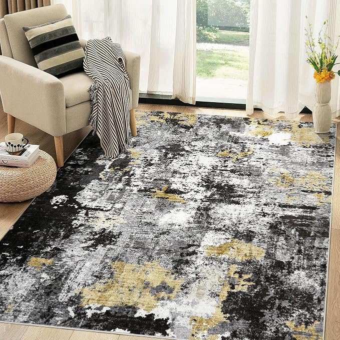 Abstract 5x8 Area Rug: Machine Washable Non Slip Ultra Thin Low-Pile Carpet, Soft Stain Resistant for Living Room Bedroom Nursery, Kid Pet Friendly, Robot Vacuum Compatible - Black Gold