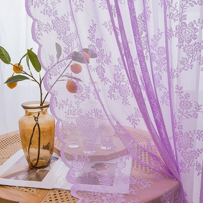 Sutuo Home Lace Curtains 2 Panels Set, Purple Sheer 45 Inch Long Window Floral Vintage Voile Window Panel Treatment for Bedroom/Living Room/Kitchen, Decor Rod Pocket W57 x L45