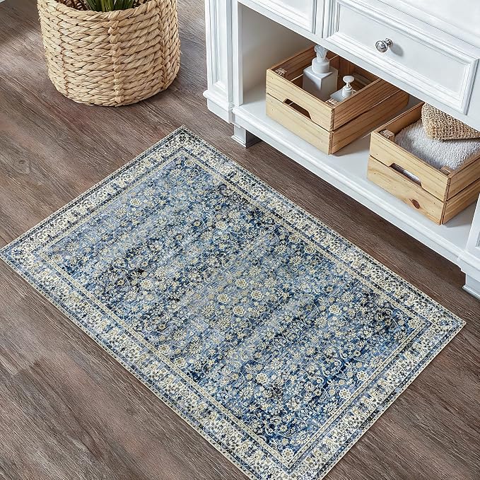 BILEEHOME Vintage Blue Kitchen Rugs 2x3 Dark Blue Distressed Low Pile Area Rug for Entryway Bathroom Washable Non Slip Boho Retro Floral Carpet for Side of Bed Entry 2 x 3