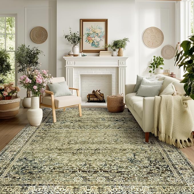 Olive and Tan Area Rugs Washable Rug for Living Room Bedroom Boho Farmhouse Floral Vintage Soft No Slip Extra Large Carpet for Dining Room 9x12