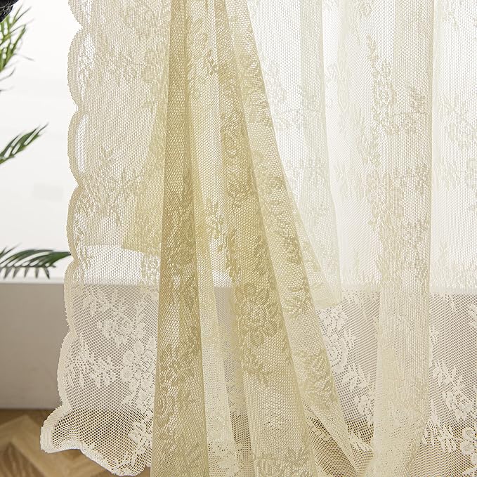 Sutuo Home Lace Curtains 63 Inches Length 2 Panels Set, Cream Yellow Sheer Country Retro Floral Vintage Beige Voile Window Panel Treatment for Bedroom/Living Room, Decor Rod Pocket W57 x L63