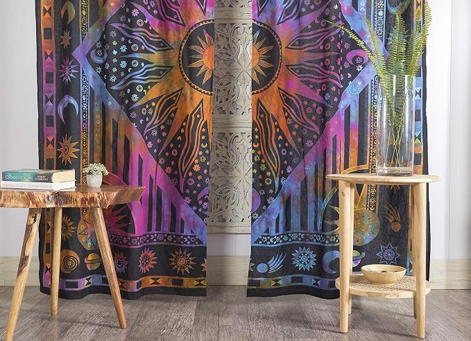 Popular Handicrafts Indian Burning Sun Hippie Mandala Window Curtains - Gypsy Tye Dye Bohemian Sun Moon Beautiful Drapery Bedroom Living Room Balcony Valance Panels Purple