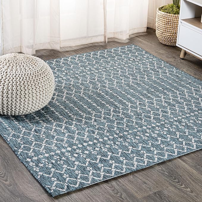 JONATHAN Y Moroccan Geometric Indoor Outdoor Square Area Rug 8X8 Teal/Gray, Ourika Textured Weave for Backyard, Patio, Porch, Easy-Cleaning, High Traffic, Pet-Friendly, Non-Shedding (SMB108C-8SQ)