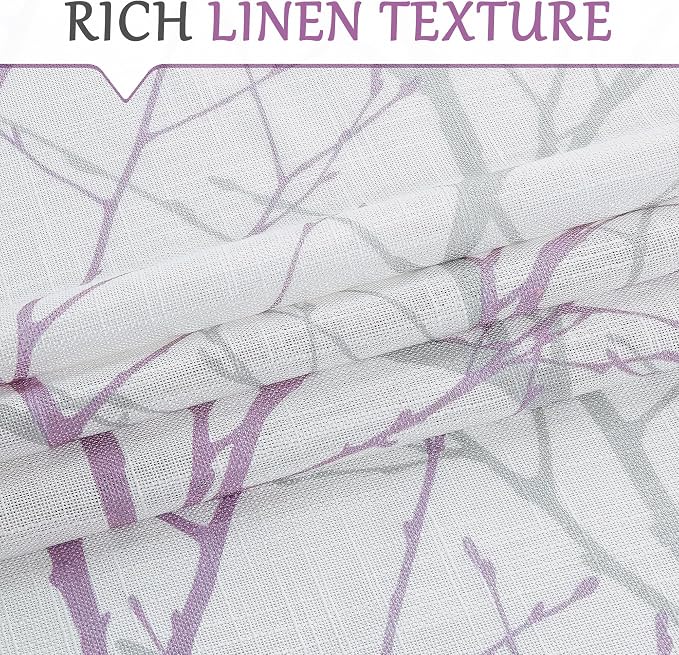 FMFUNCTEX Linen Semi Sheer Curtains for Bedroom, Lilac White Curtains 84 Inches Long for Living Room, Grey Tree Branch Patterned Curtain Light Filtering Farmhouse Window Drapes, Grommet Top 2 Panels