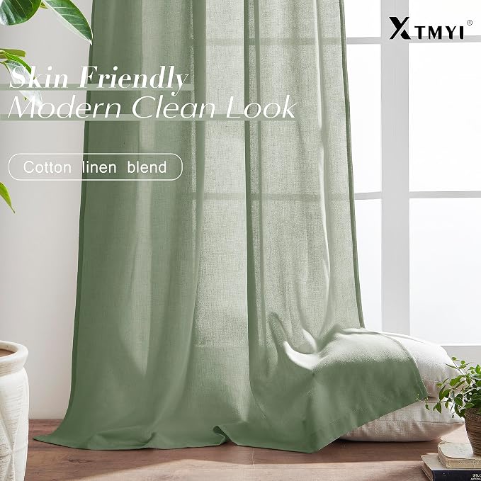 XTMYI Sage Green 90 Inches Long,50 Inches Wide Country Curtains for Living Room,Sheer Linen Curtains for Bedroom