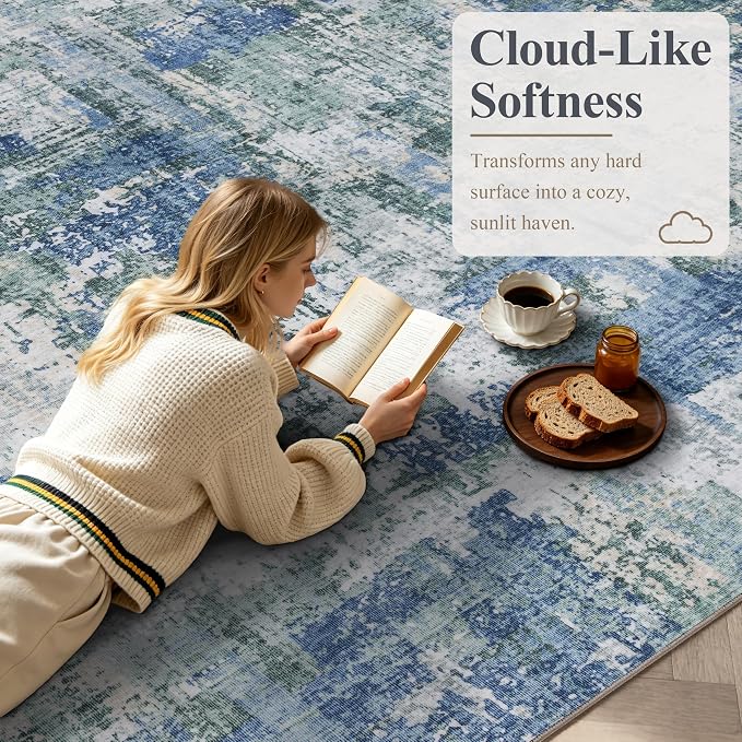 Sasttie 2x3 Area Rug for Entryway, Washable Modern Abstract Small Carpet for Living Room Bedroom Door-mat, Soft Entry Rug with Non-Slip Backing, Blue and Green