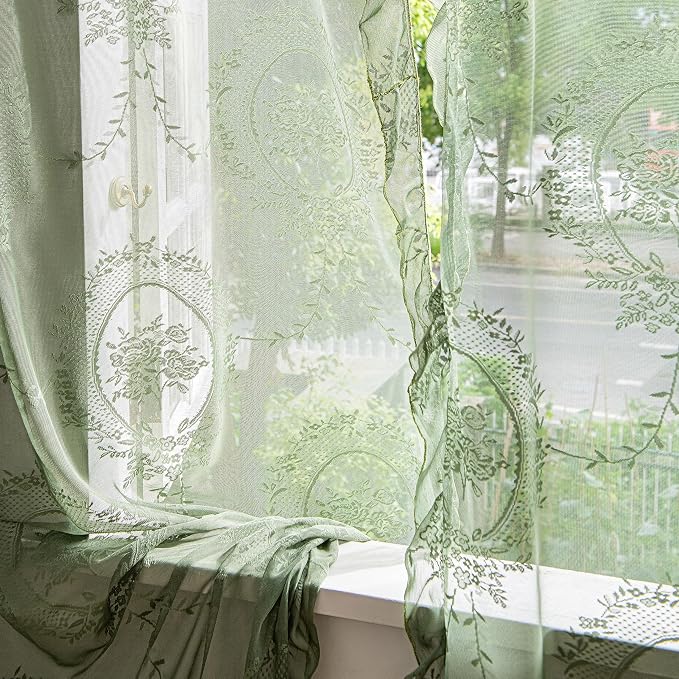 Sutuo Home Olive Green Lace Curtains 72 Inches Long 2 Panels Set, Sheer Panels Rose Floral Embroidery Ruffled Vintage Window Treatment Pair for Nursery Bedroom Living Room, Rod Pocket, W57 x L72