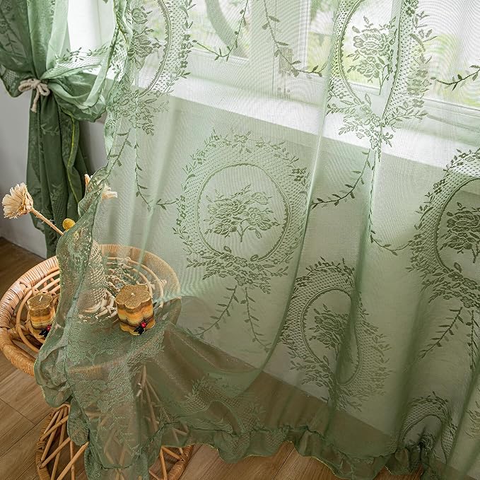Sutuo Home Olive Green Lace Curtains 90 Inches Long for Bedroom Living Room 2 Panels, Sheer Set Rose Floral Embroidery Ruffled Vintage Window Treatment Pair Christmas Decor, Rod Pocket, W57 x L90