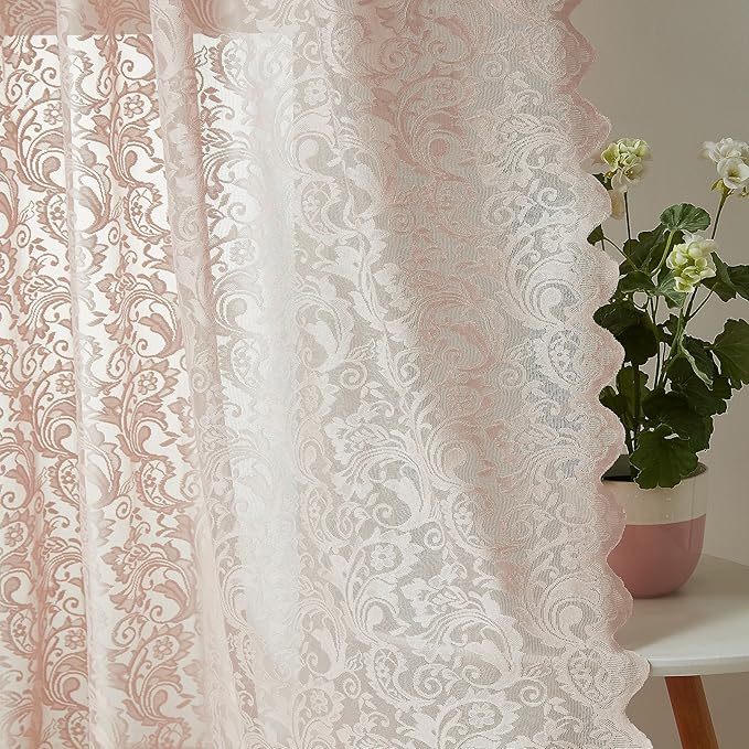 Bujasso Pink Lace Sheer Curtains 84 inch Vintage Floral Sheer Window Curtain Panels for Living Room Girls Bedroom Romantic Light Filtering Pink Drapes Window Treatment Sets Rod Pocket 54" Wx84 Lx2