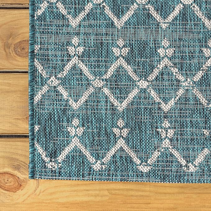JONATHAN Y Moroccan Geometric Indoor Outdoor Runner Rug 2X10 Teal/Gray, Ourika Textured Weave for Backyard, Patio, Porch, Easy-Cleaning, High Traffic, Pet-Friendly, Non-Shedding (SMB108C-210)