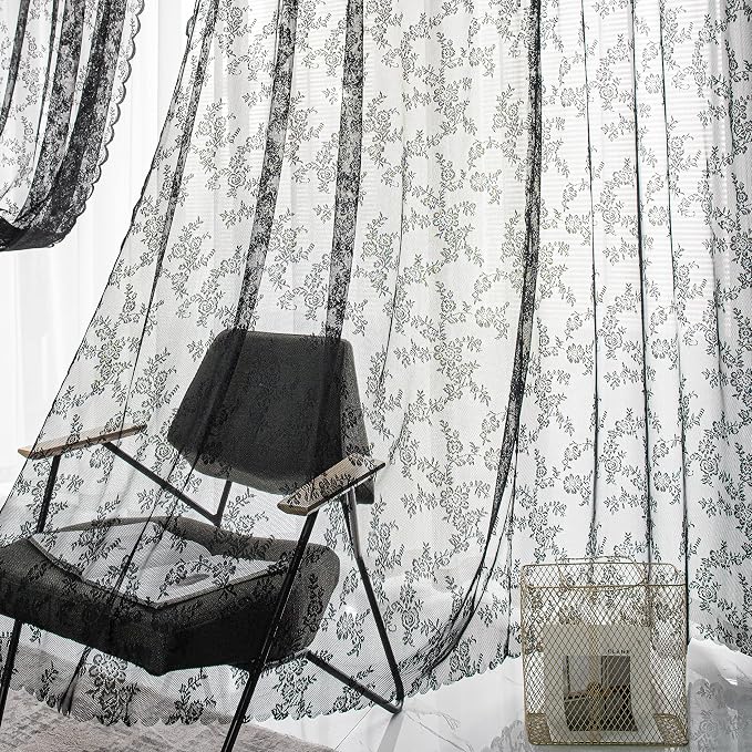 Sutuo Home Black Lace Curtains 96 Inches Long 2 Panels Set, Sheer Panels Gothic Retro Florals Vintage Voile Window Treatment for Bedroom/Living Room/Halloween Decor Rod Pocket W57 x L96