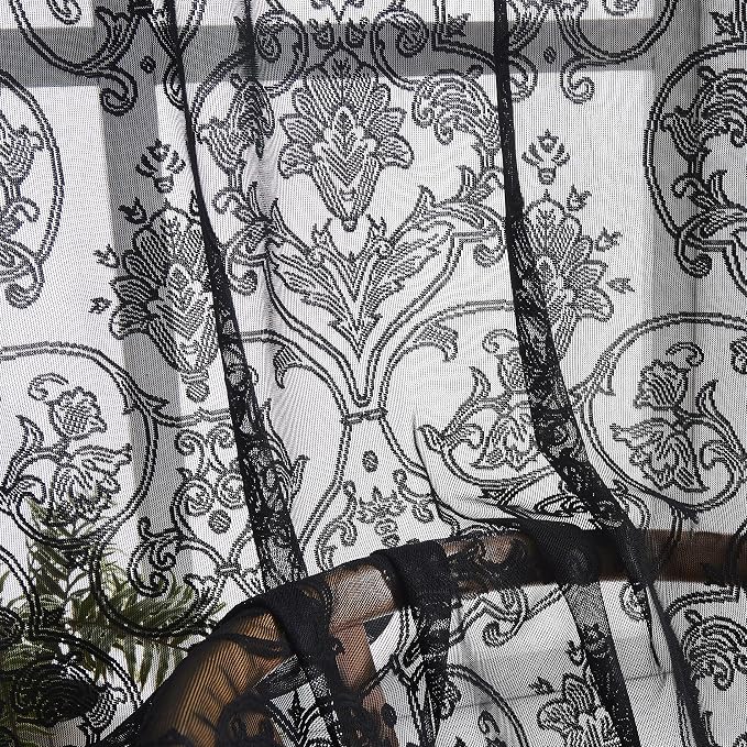 Black Lace Sheer Curtains 95 Inch Long Vintage Floral Curtains for Living Room Bedroom Rod Pocket Light Filtering Victorian Window Treatments Victorian Crochet Decorative Curtains 2 Panels