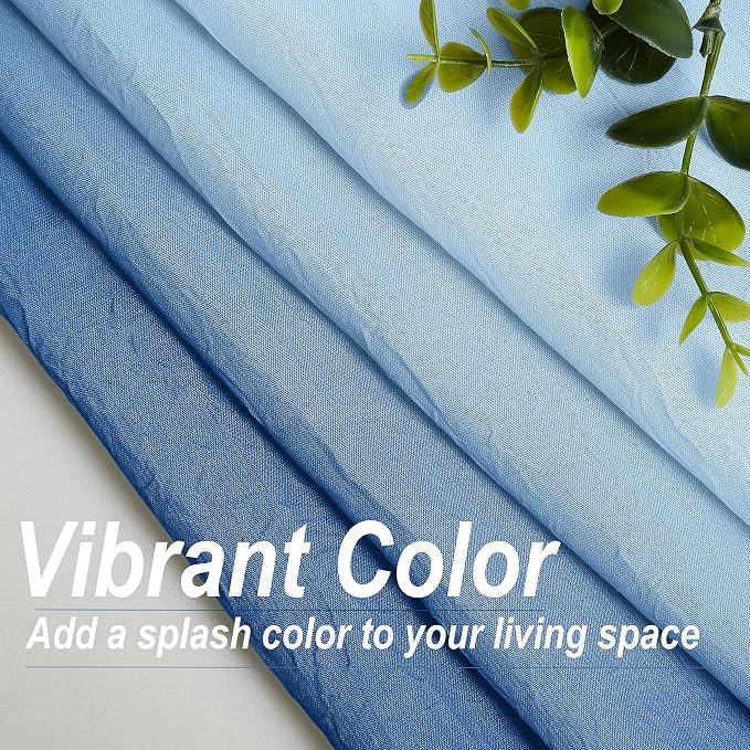 Blue Ombre Sheer Curtains 90 Inch Long for Living Room Bedroom Decor, Gradient Crinkle Semi Sheer Curtain Panels for Boys Room, Light Filtering Chiffon Window Drapes for Garden, Yard, Rod Pocket