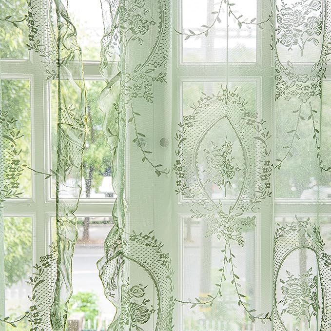 Sutuo Home Olive Green Lace Curtains 96 Inches Long 2 Set, Sheer Panels Rose Floral Embroidery Ruffled Vintage Window Treatment Pair for Nursery Bedroom Living Room, Rod Pocket, W57 x L96