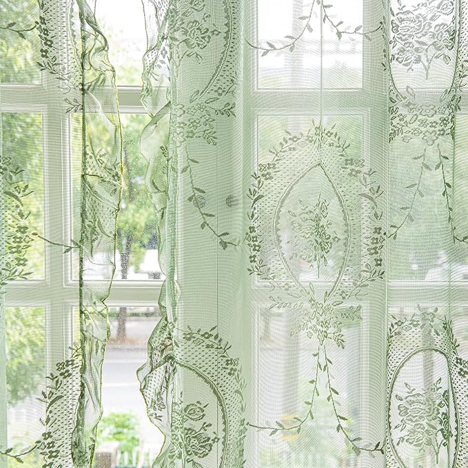 Sutuo Home Olive Green Lace Curtains 72 Inches Long 2 Panels Set, Sheer Panels Rose Floral Embroidery Ruffled Vintage Window Treatment Pair for Nursery Bedroom Living Room, Rod Pocket, W57 x L72