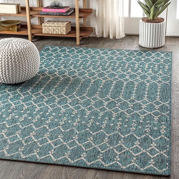 JONATHAN Y Moroccan Geometric Indoor Outdoor Area Rug 6X9 Teal/Gray, Ourika Textured Weave for Backyard, Patio, Porch, Easy-Cleaning, High Traffic, Pet-Friendly, Non-Shedding (SMB108C-6)