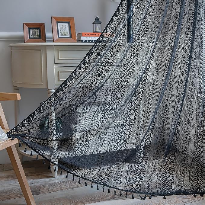Sutuo Home Black Crochet Boho Curtain 63 Inches Length, Sheer Lace Handmade Tassels Knitted Window Treatment Vintage Rustic Bohemian Farmhouse Drape for Bedroom Rod Pocket 1 Panel 59" W x 63" L