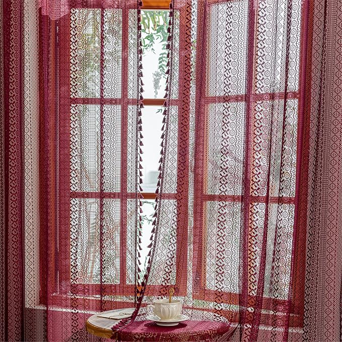 Sutuo Home Burgundy Boho Lace Curtains 72 inch Lengh for Nursery Bedroom Bathroom, Red Semi Sheer Curtains Privacy Crochet Vintage Tassels Bohemian Drapes Window Treatments Rod Pocket, 2 Panels 50" W